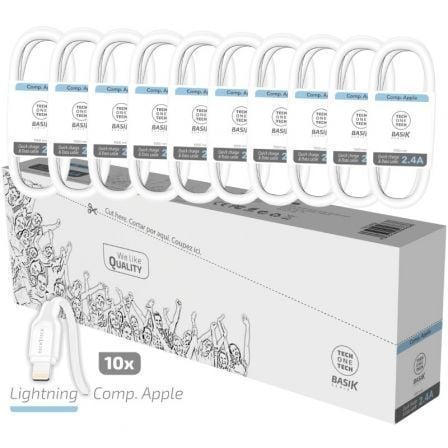 Pack 10 Cables Lightning Tech One Tech Basik TEC2952/ USB Macho - Lightning Macho/ 1m/ Blanco - Tiensol