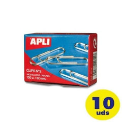 Pack de 10 cajas de 100 Clips Nº2 Apli 11714/ Plata - Tiensol