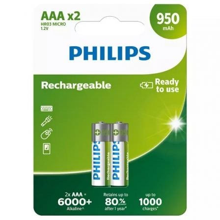 Pack de 2 Pilas AAA Philips R03B2A95/10/ 1.2V/ Recargables - Tiensol