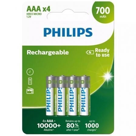 Pack de 4 Pilas AAA Philips R03B4A70/10/ 1.2V/ Recargables - Tiensol