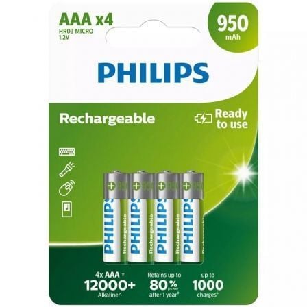 Pack de 4 Pilas AAA Philips R03B4A95/10/ 1.2V/ Recargables - Tiensol