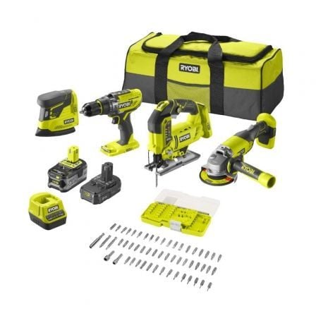 Pack Taladro + Amoladora + Sierra de calar + Lijadora Ryobi ONE+ R18CK4F - 252S/ 2 baterías 18V 5,0 y 2,0 Ah/ Cargador 2,0 A/ Bolsa de Transporte - Tiensol