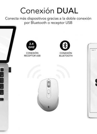 Ratón Ergonómico Inalámbrico por Bluetooth/ 2.4GHz Subblim Comfort Ergo Dual Battery/ Batería recargable/ Hasta 2400 DPI/ Blanco - Tiensol