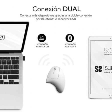 Ratón Ergonómico Inalámbrico por Bluetooth/ 2.4GHz Subblim Glide Vertical Ergo Dual Battery/ Batería Recargable/ Hasta 1600 DPI/ Blanco - Tiensol