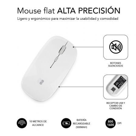 Ratón Inalámbrico por Bluetooth Subblim Dual Flat/ Batería recargable/ Hasta 1600 DPI/ Blanco - Tiensol