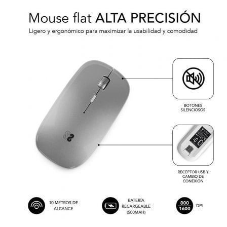 Ratón Inalámbrico por Bluetooth Subblim Dual Flat/ Batería recargable/ Hasta 1600 DPI/ Plata - Tiensol