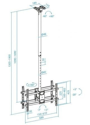 Soporte de Techo Giratorio/ Inclinable/ Nivelable TooQ LPCE2286TSLI - XL - B para 2 TV de 43 - 86'/ hasta 100kg - Tiensol