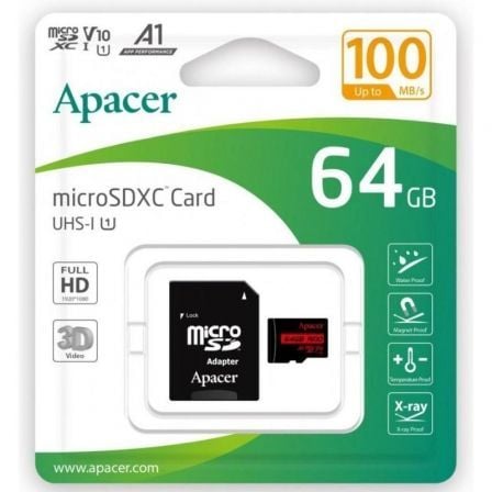 Tarjeta de Memoria Apacer 64GB XC UHS 1 con Adaptador/ Clase 10/ 100MBs - Tiensol