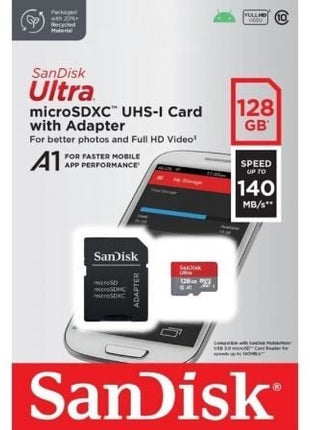 Tarjeta de Memoria SanDisk Ultra 128GB microSD XC con Adaptador/ Clase 10/ 140MBs - Tiensol