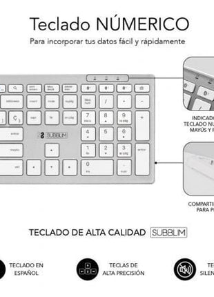 Teclado Inalámbrico por Bluetooth Subblim 2PUE200 Pure Extended/ Plata - Tiensol