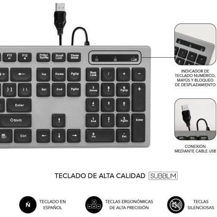 Teclado Subblim Wired Ergo Keys Silent Flat HQ/ Gris - Tiensol