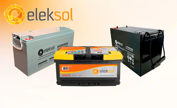 Tres baterías de la marca Eleksol de diferentes tipos.